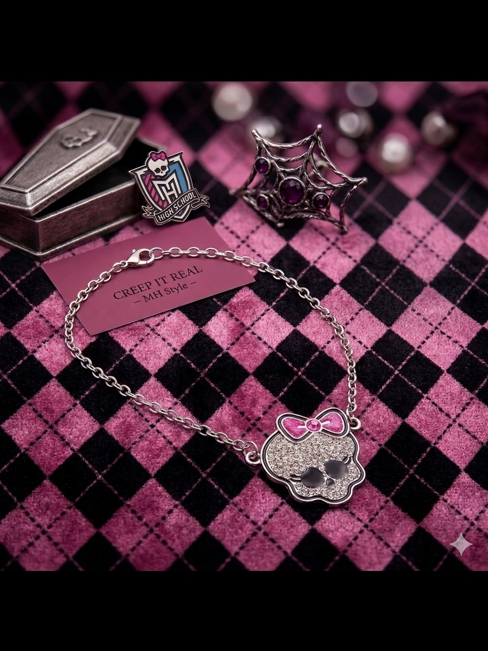 Monster Skull Pendant Necklace with Pink Bow